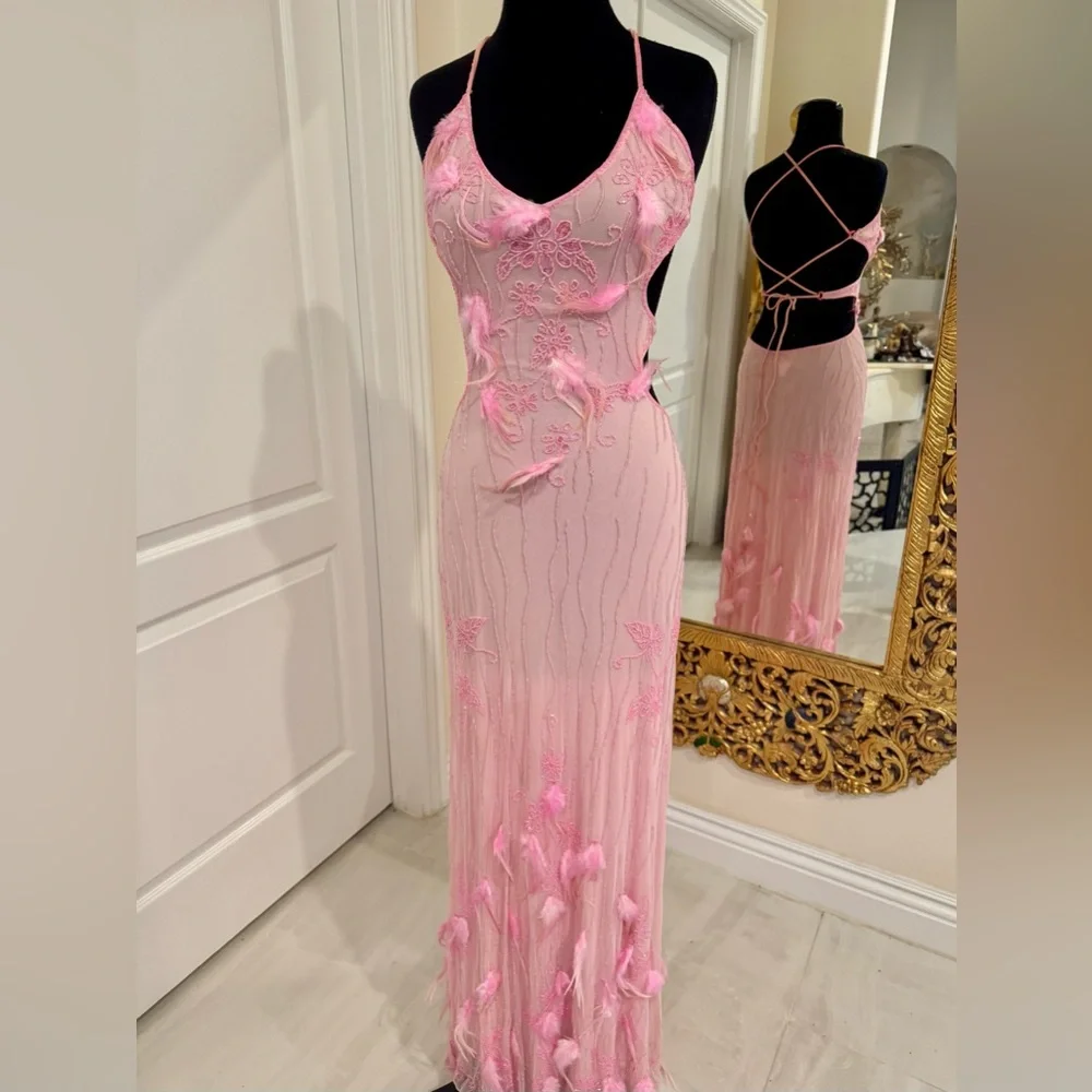 Elegant Pink hand beaded Evening or Prom Dress FEATHERS - Women's Formal‎ Gown